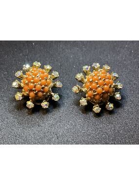 Vintage BSK Gold Tone Orange Bead A/B Crystal Clip On Earrings